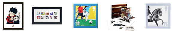 Framed Dennis and Gnasher stamp, Framed Diamond Jubilee stamps, Canvas football stamp, Framed Olympics and Paralympics stamps