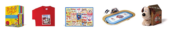 Roald Dahl story collection, Wallace and Gromit stamp t-shirt, comics jigsaw, Pillar box money box