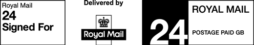 Royal Mail 24 Signed For. Delivered by Royal Mail. Postage paid GB