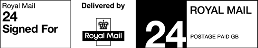 Royal Mail 24 Signed For. Delivered by Royal Mail. Postage paid GB