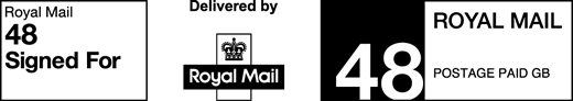 Royal Mail 48 Signed For. Delivered by Royal Mail. Postage paid GB