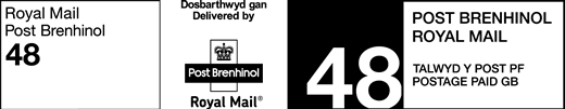 Royal Mail Post Brenhinol 48. Dosbarthwyd gan. Delivered by Royal Mail. Talwyd Y Post PF. Postage paid GB