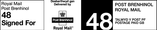 Royal Mail Post Brenhinol 48 Signed For. Dosbarthwyd gan / Delivered by Royal Mail. Talwyd Y Post PF. Postage paid GB