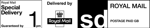 Royal Mail Special Delivery Guaranteed by 1pm. Delivered by Royal Mail. Postage paid GB