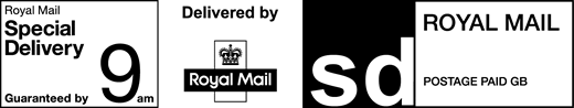 Royal Mail Special Delivery Guaranteed by 9am. Delivered by Royal Mail. Postage paid GB