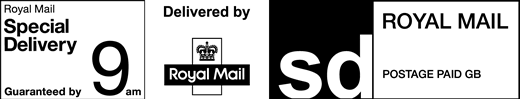 Royal Mail Special Delivery Guaranteed by 9am. Delivered by Royal Mail. Postage paid GB