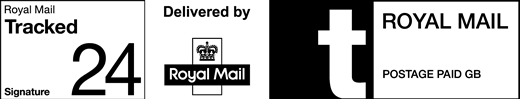 Royal Mail Tracked 24 Signature. Delivered by Royal Mail. Postage paid GB.