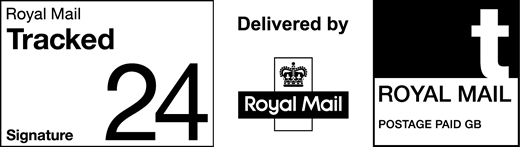 Royal Mail Tracked 24 Signature. Delivered by Royal Mail. Postage paid GB.