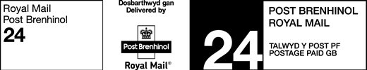 Royal Mail Post Brenhinol 24. Dosbarthwyd gan Post Brenhinol. Delivered by Royal Mail. Postage paid GB. Talwyd y post pf.