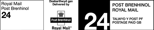 Royal Mail Post Brenhinol 24. Dosbarthwyd gan Post Brenhinol. Delivered by Royal Mail. Postage paid GB. Talwyd y post pf.