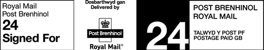 Royal Mail Post Brenhinol 24 Signed For. Dosbarthwyd gan Post Brenhinol. Royal Mail. Talwyd y post pf. Postage paid GB.