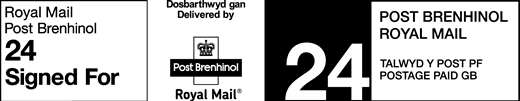 Royal Mail Post Brenhinol 24 Signed For. Dosbarthwyd gan Post Brenhinol. Royal Mail. Talwyd y post pf. Postage paid GB.