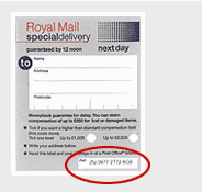 Special Delivery Next Day™ label: The reference number is in the bottom right corner.
