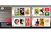 Four stamps featuring vintage tube adverts that have appeared on the Underground.