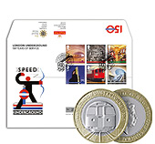 Two £2 coins, six London Underground stamps and London Underground iconography.