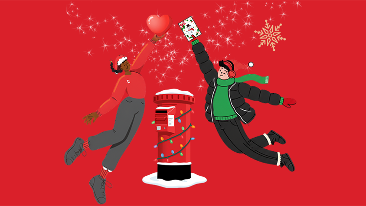 Woman and man flying next to post box red illustration royal mail