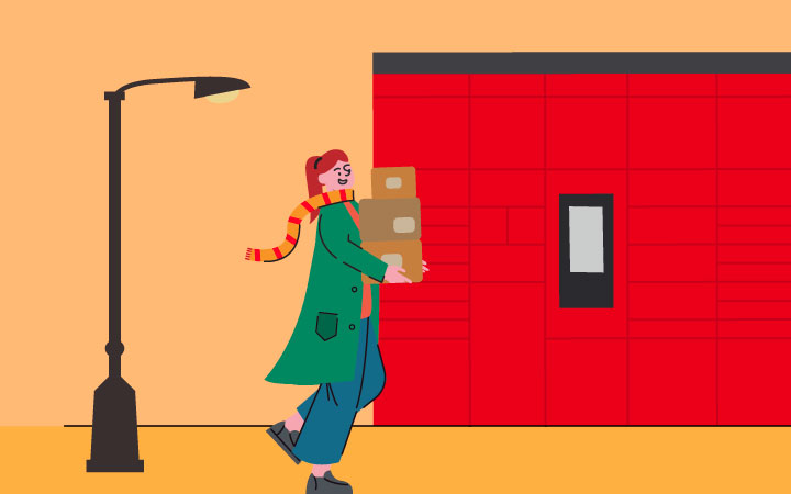 Illustration of a woman carrying parcels to a Royal Mail locker