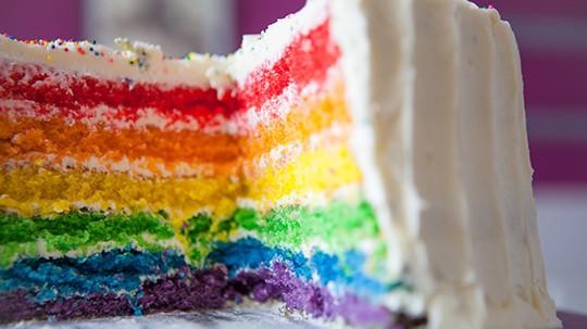 Rainbow layer cake up close